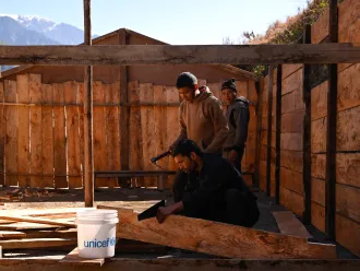On 3 February 2024 at the Shree Jana Bikash Primary School in Aathbiskot Municipality in Rukum West District in western Nepal, views of a Transitional Learning Centre being constructed on the premises with UNICEF support.