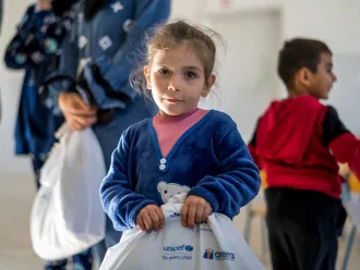 Aya, 4 years old. UNICEF is distributing winter clothes and school kits to displaced families in South Lebanon.