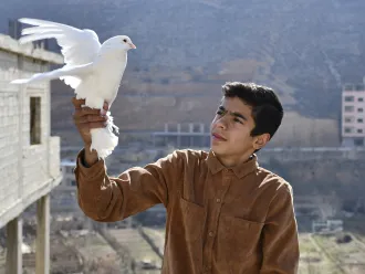 Mohammed, 15, gently holds a bird he has raised on the roof of his home in Bseimeh village, Rural Damascus, Syria
