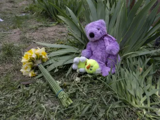 A bouquet of yellow flowers and soft toys lie on the ground near the site of a missile strike, left in memory of the children killed in the early morning attack.