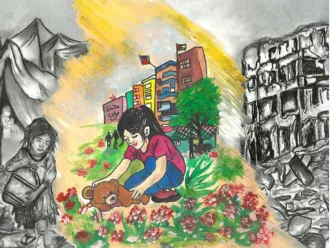 A drawing of a girl in colorful clothes playing with a teddy bear among flowers. The backdrop shifts from war-torn black-and-white to colorful urban life, contrasting despair with hope.