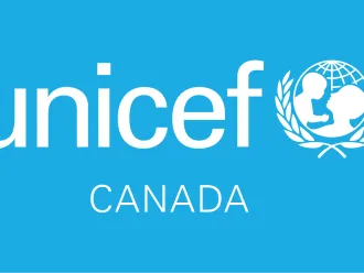 White UNICEF logo with a Cyan background