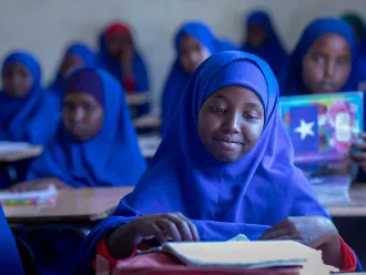 Young girl attends class at primary school in Puntland, Somalia. 