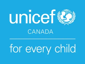 white text and logo for UNICEF Canada on blue background