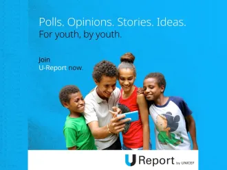 Group of youth, using an electronic device with text on top right, Polls, Opinions, Stories, Ideas. For Youth, by Youth. 