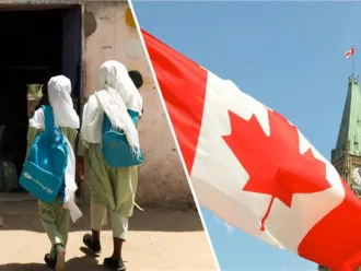 Image de deux filles marchant vers l’école juxtaposée à une image du drapeau canadien.'