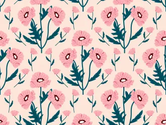 Flower pattern of pink flowers with green stems and leaves. 